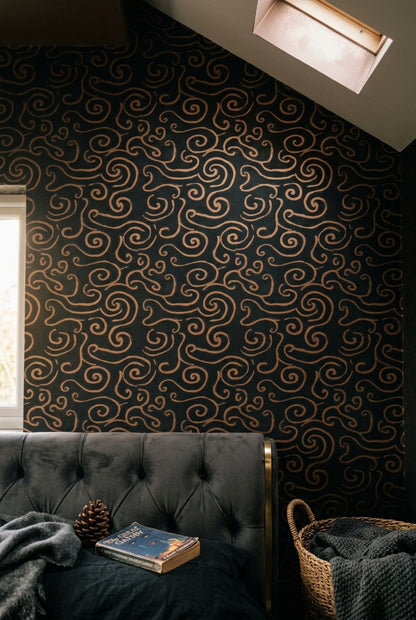Copper Scrollwork Wallpaper Metallic Swirl Glam Luxury Decorative Mural