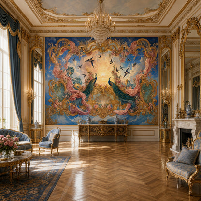 Rococo Wallpaper Gilded Scrollwork Removable Peacocks Wall Decor