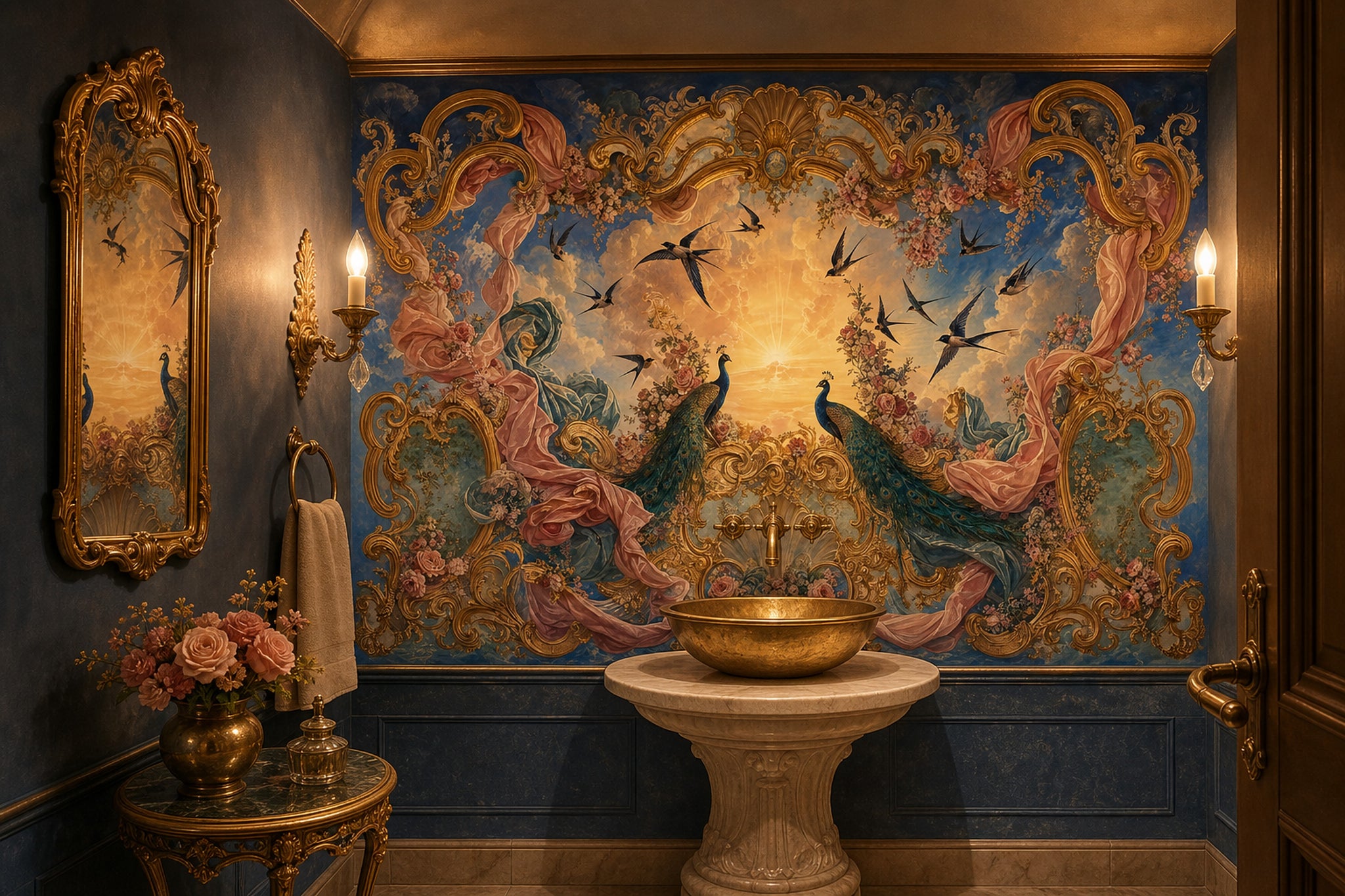 Rococo Wallpaper Gilded Scrollwork Removable Peacocks Wall Decor