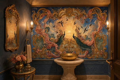 Rococo Wallpaper Gilded Scrollwork Removable Peacocks Wall Decor