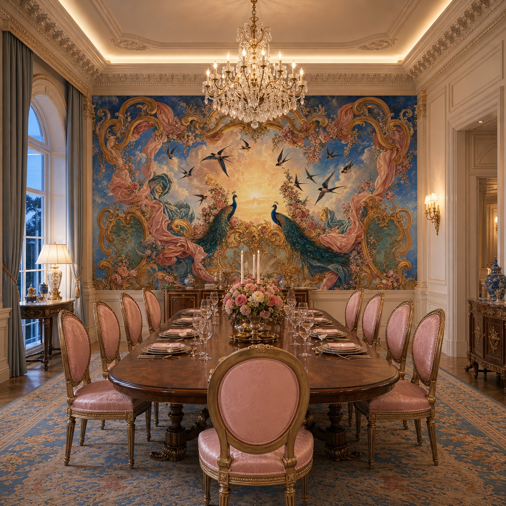 Rococo Wallpaper Gilded Scrollwork Removable Peacocks Wall Decor