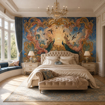 Rococo Wallpaper Gilded Scrollwork Removable Peacocks Wall Decor
