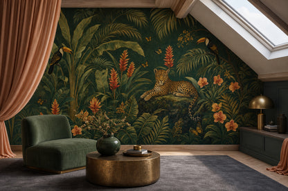Dark Tropical Jungle Wallpaper Leopard Toucans Wall Mural
