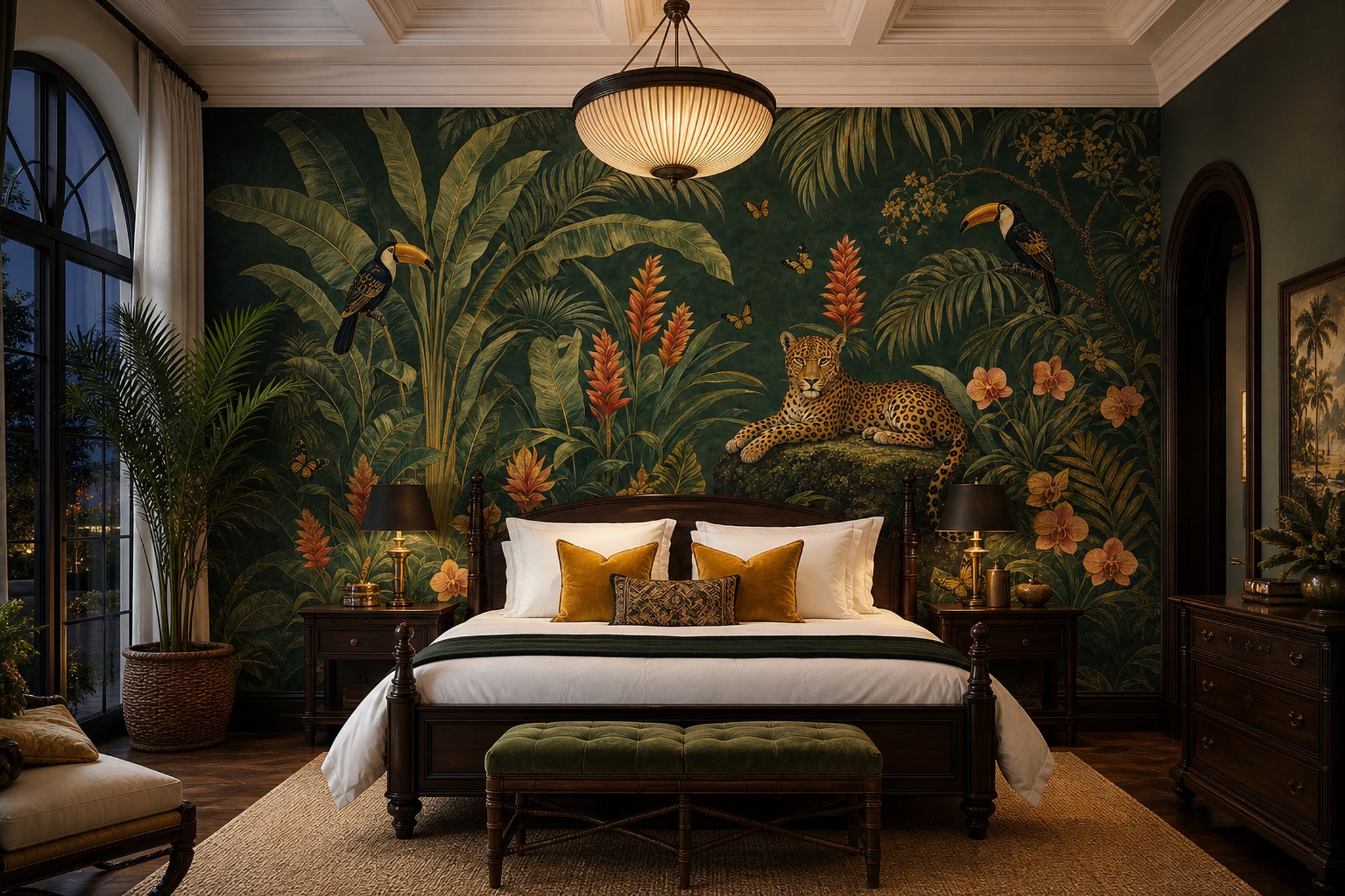 Dark Tropical Jungle Wallpaper Leopard Toucans Wall Mural