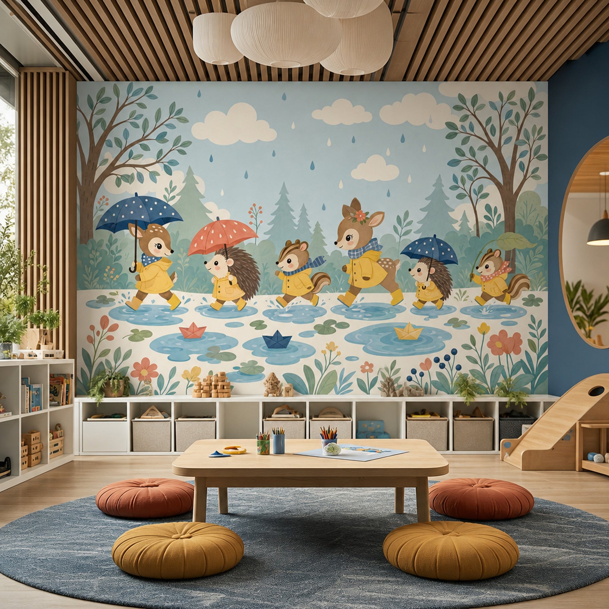 Woodland Animals Wallpaper Rainy Day Pastel Blue Sky Removable Wall Decor
