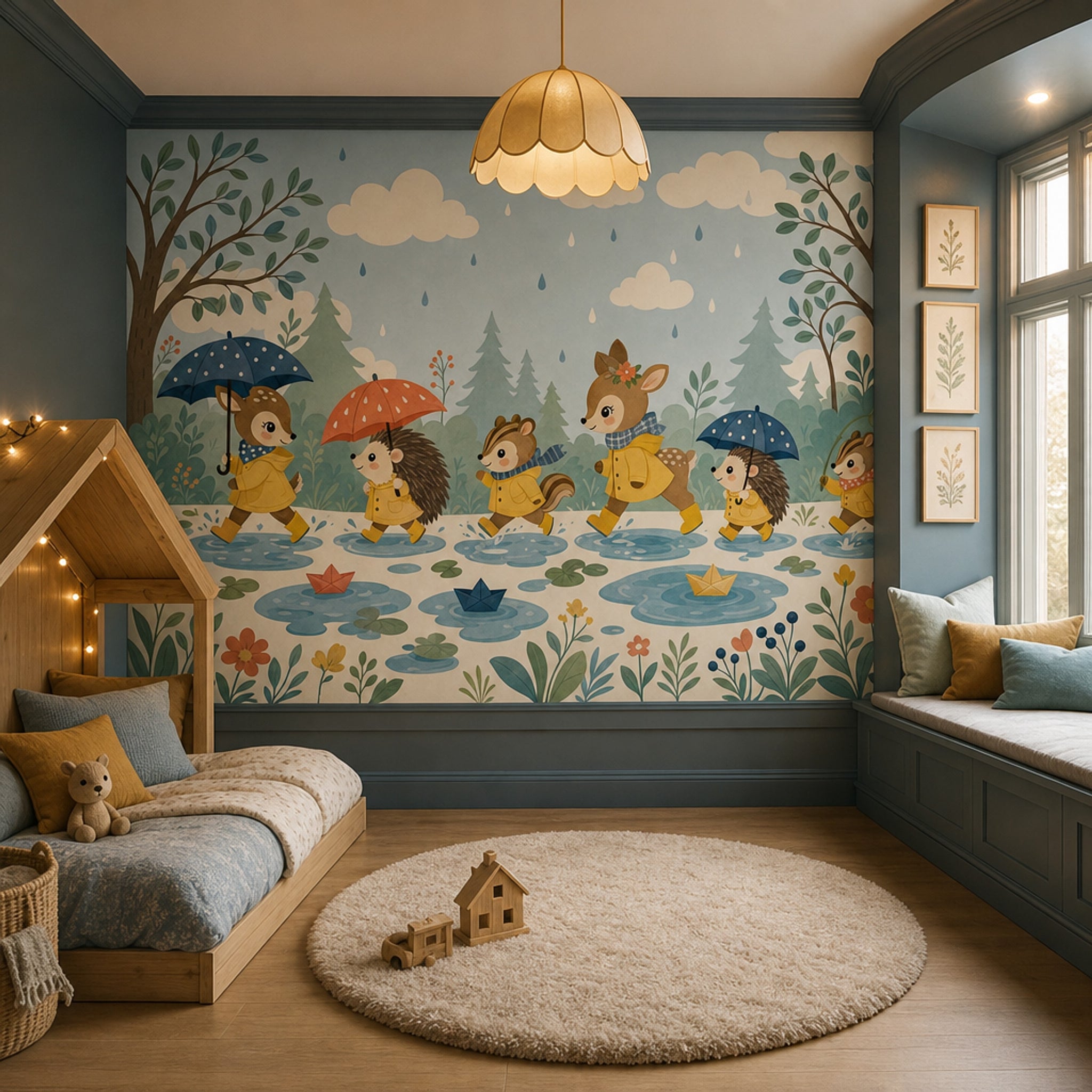 Woodland Animals Wallpaper Rainy Day Pastel Blue Sky Removable Wall Decor