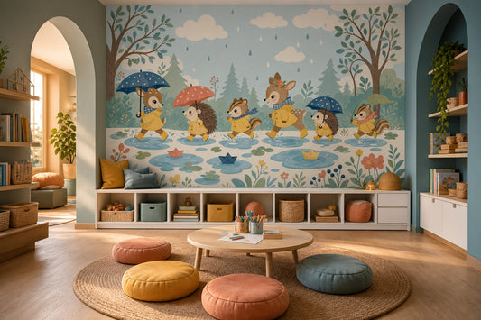 Woodland Animals Wallpaper Rainy Day Pastel Blue Sky Removable Wall Decor