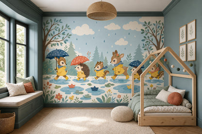 Woodland Animals Wallpaper Rainy Day Pastel Blue Sky Removable Wall Decor