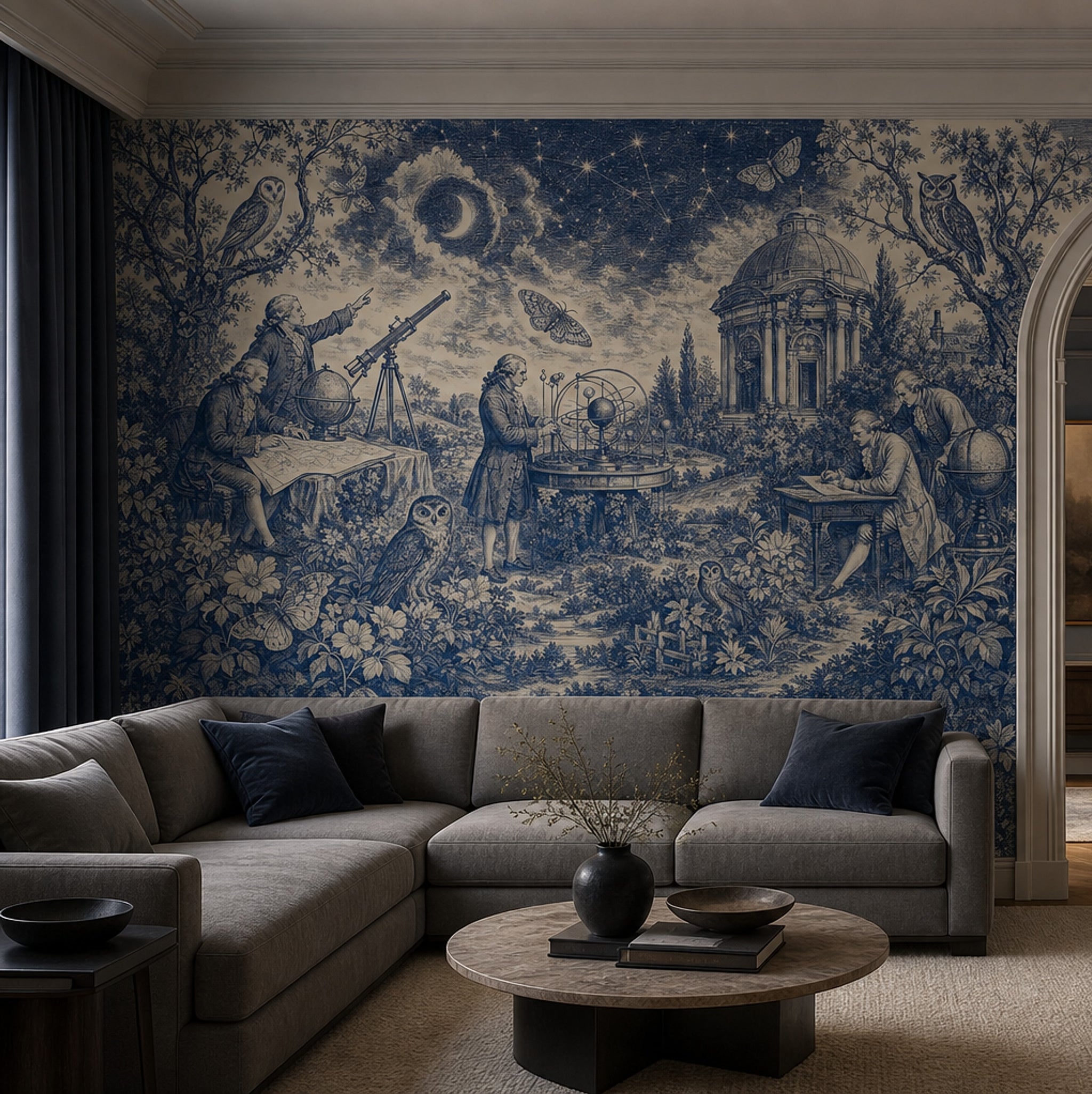Blue Toile Wallpaper Night Sky Astronomy Removable Wall Decor