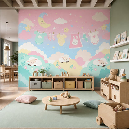 Nursery Wallpaper Cute Cartoon Removable Baby Clothesline Wall Decor