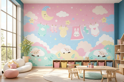 Nursery Wallpaper Cute Cartoon Removable Baby Clothesline Wall Decor