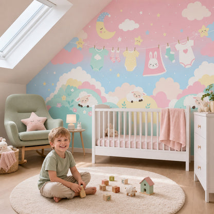 Nursery Wallpaper Cute Cartoon Removable Baby Clothesline Wall Decor