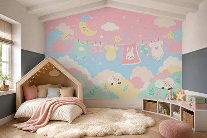 Nursery Wallpaper Cute Cartoon Removable Baby Clothesline Wall Decor