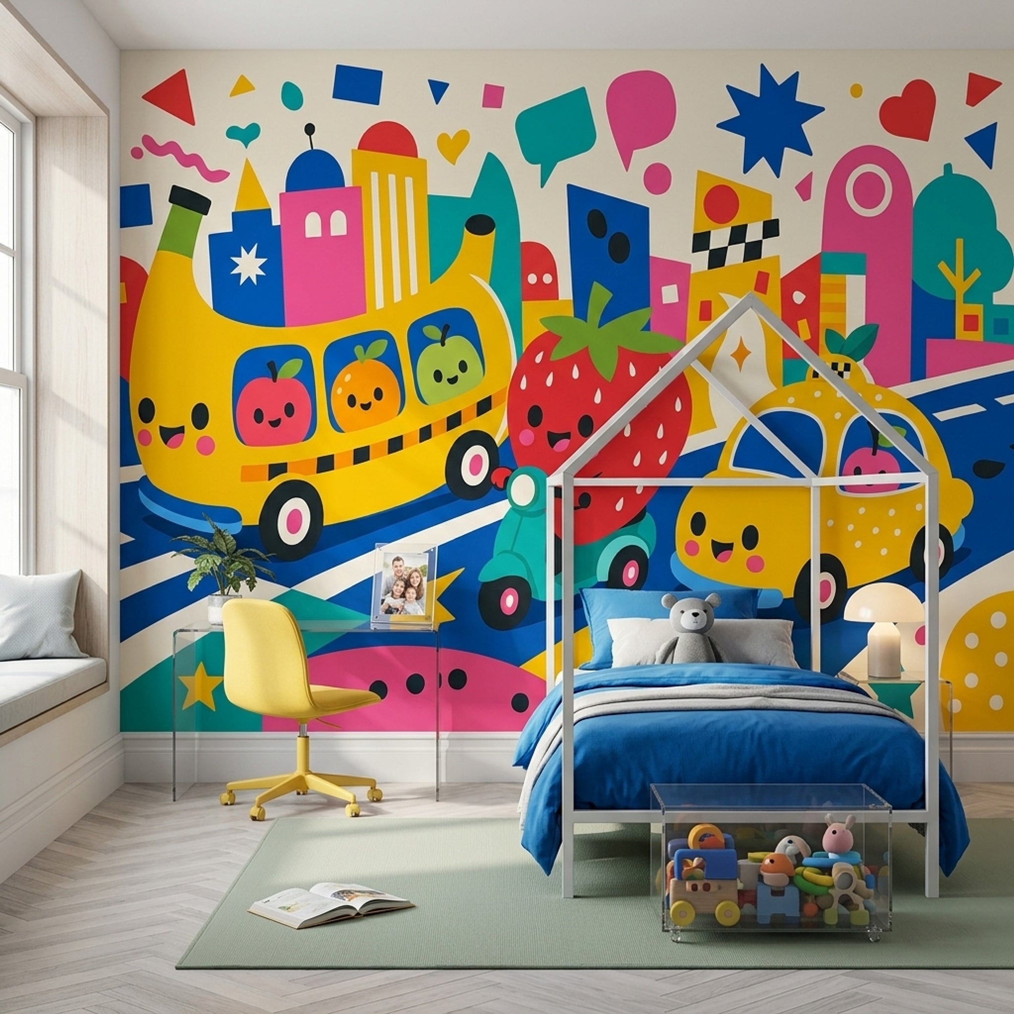 Cartoon City Wallpaper Cute Fruit Characters Yellow Bus Wall Mural