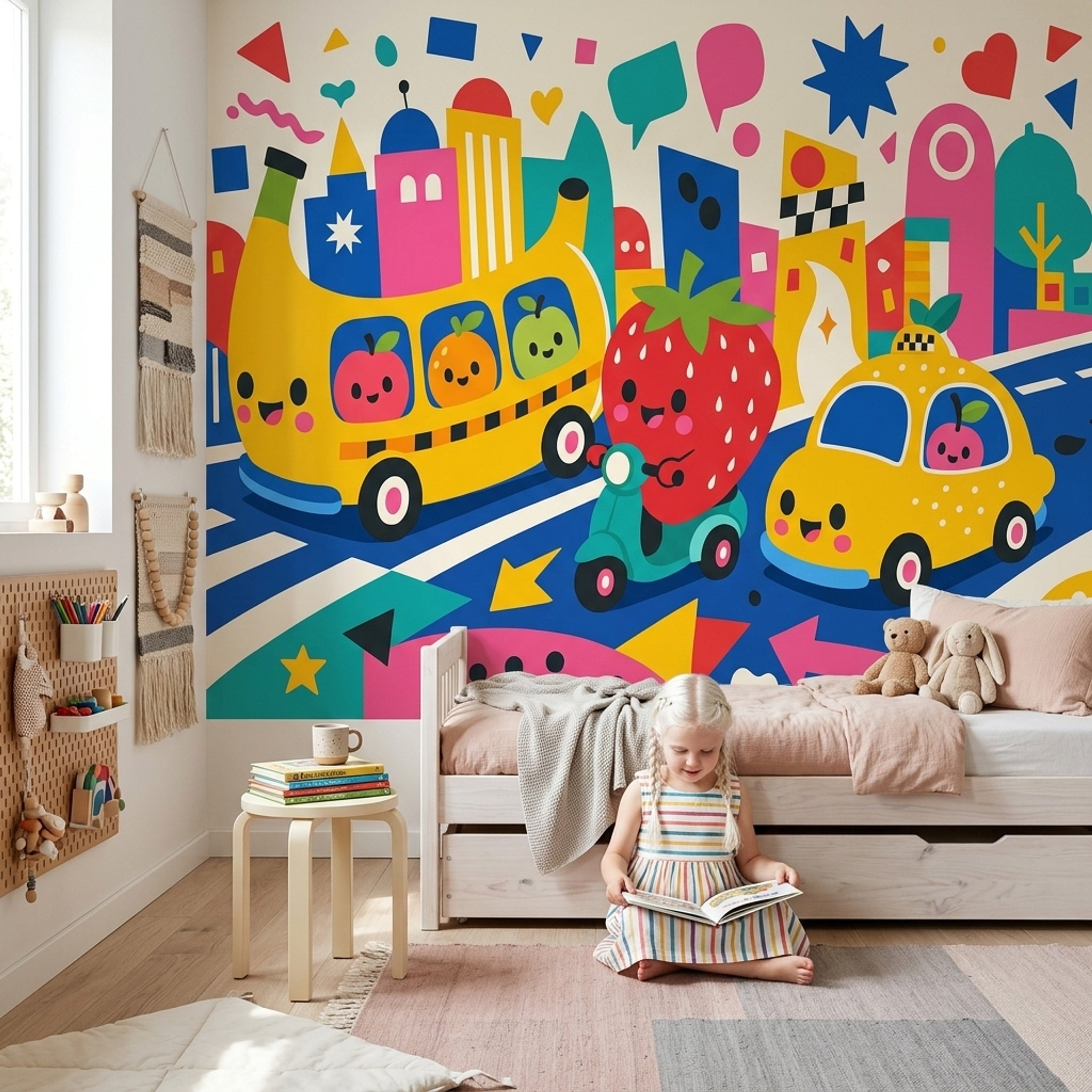 Cartoon City Wallpaper Cute Fruit Characters Yellow Bus Wall Mural