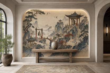 Chinese Landscape Wallpaper Misty Mountains Swirling Clouds Removable Wall Decor