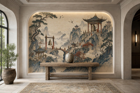 Chinese Landscape Wallpaper Misty Mountains Swirling Clouds Removable Wall Decor