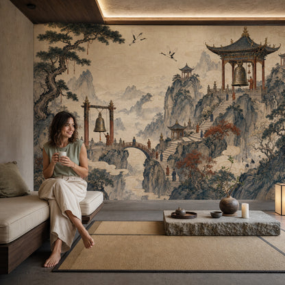 Chinese Landscape Wallpaper Misty Mountains Swirling Clouds Removable Wall Decor