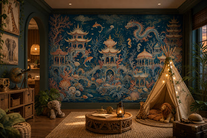 Chinoiserie Mural Wallpaper Dark Underwater Landscape Oriental Pagodas Wall Mural