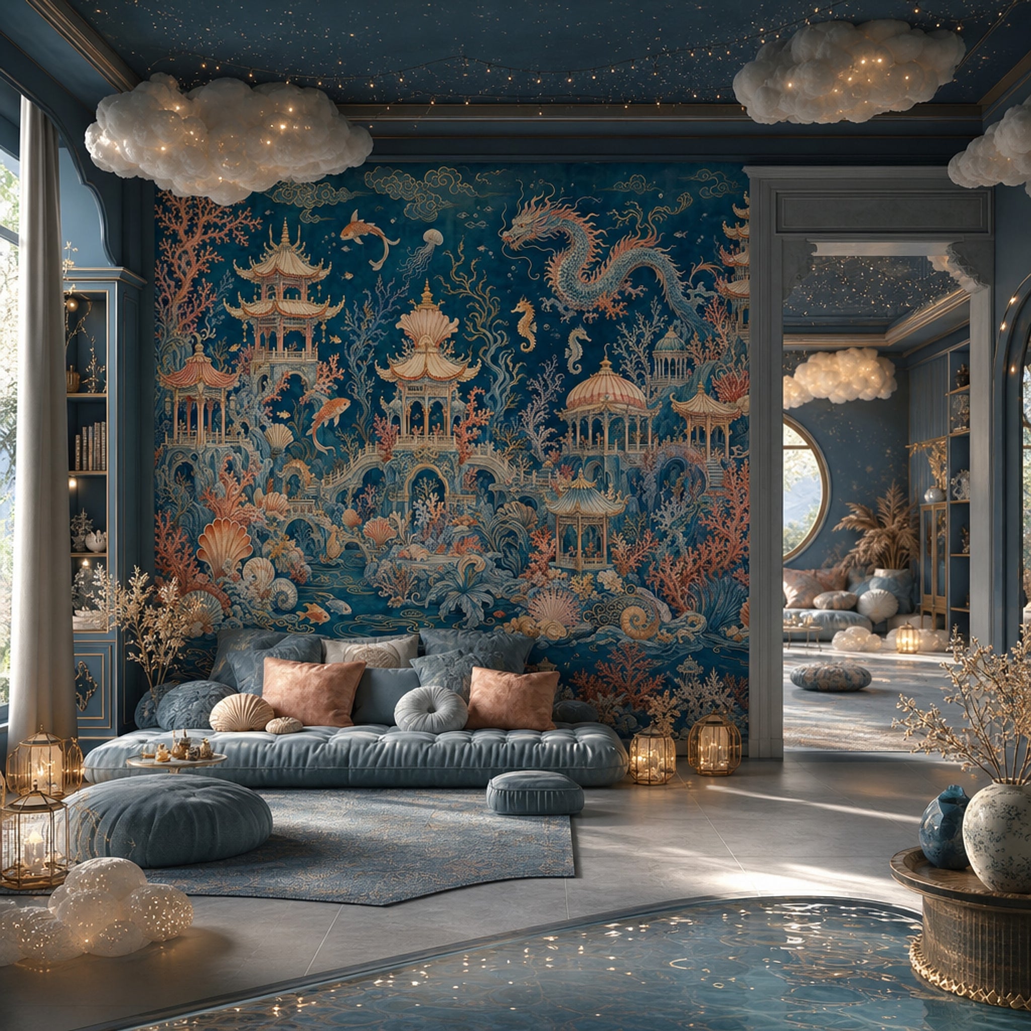 Chinoiserie Mural Wallpaper Dark Underwater Landscape Oriental Pagodas Wall Mural