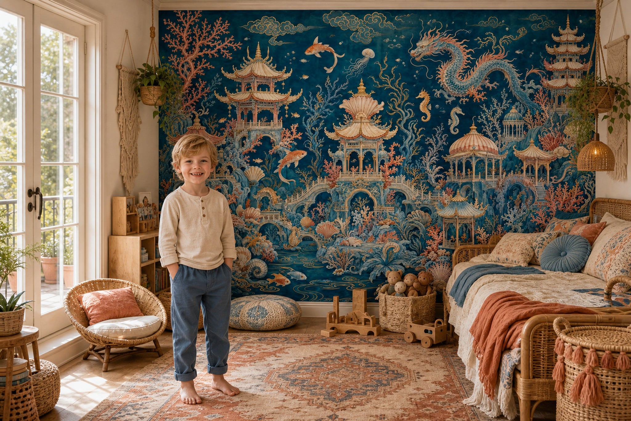 Chinoiserie Mural Wallpaper Dark Underwater Landscape Oriental Pagodas Wall Mural