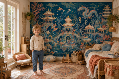 Chinoiserie Mural Wallpaper Dark Underwater Landscape Oriental Pagodas Wall Mural