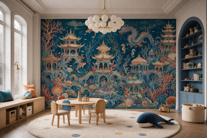 Chinoiserie Mural Wallpaper Dark Underwater Landscape Oriental Pagodas Wall Mural