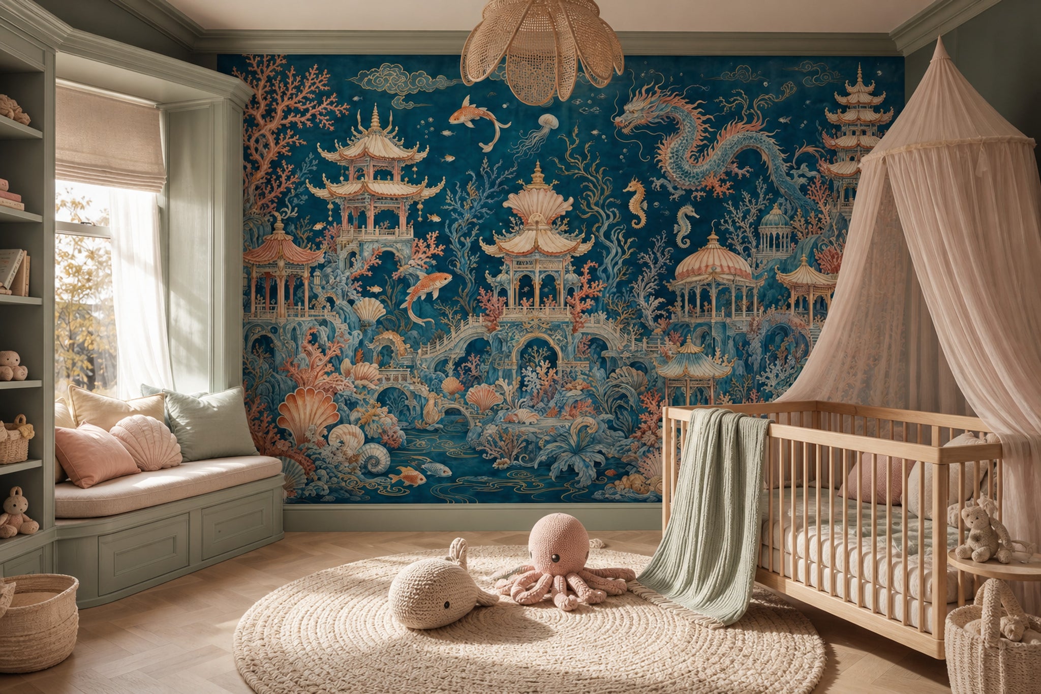 Chinoiserie Mural Wallpaper Dark Underwater Landscape Oriental Pagodas Wall Mural