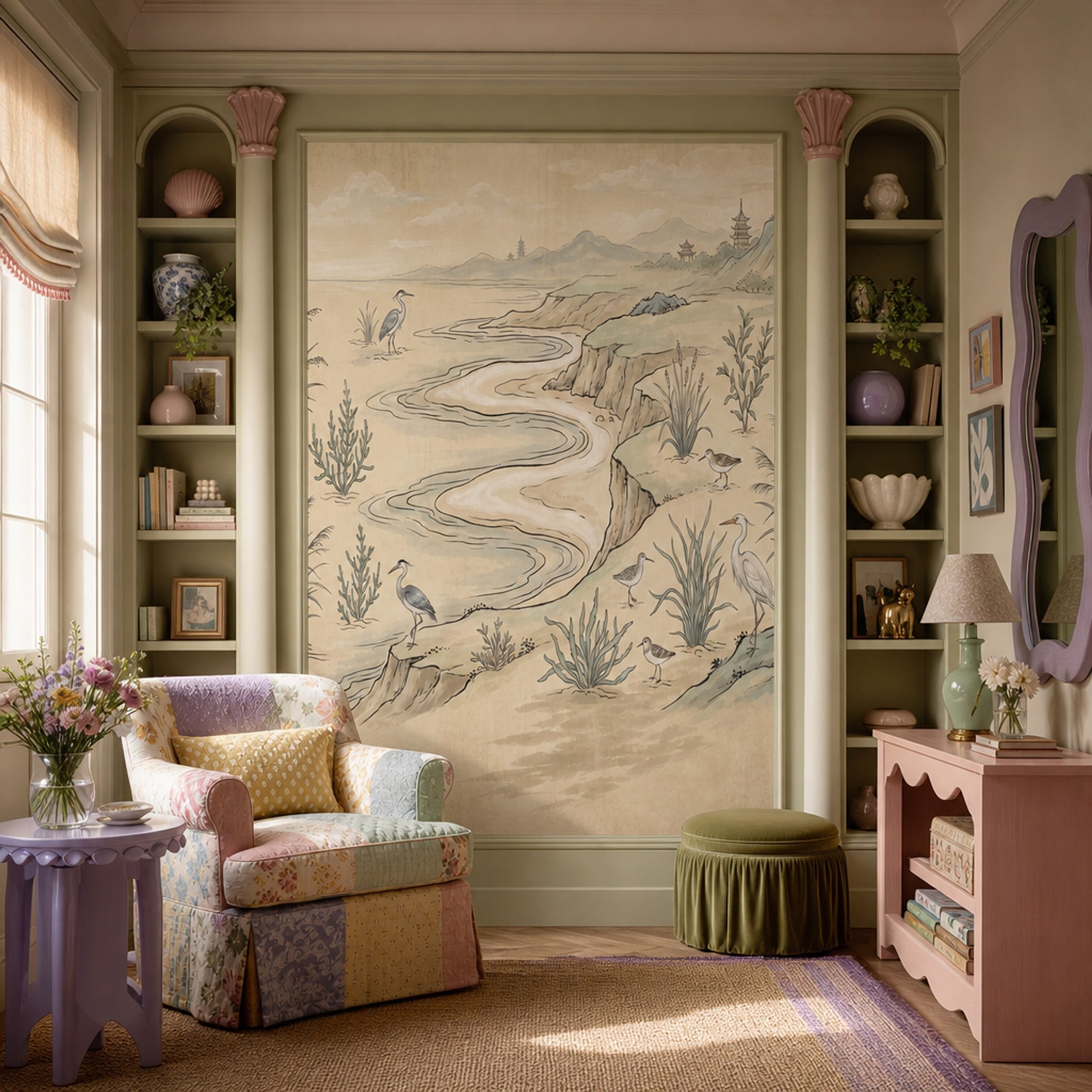 Oriental Landscape Wallpaper Wetlands Winding River Wall Mural
