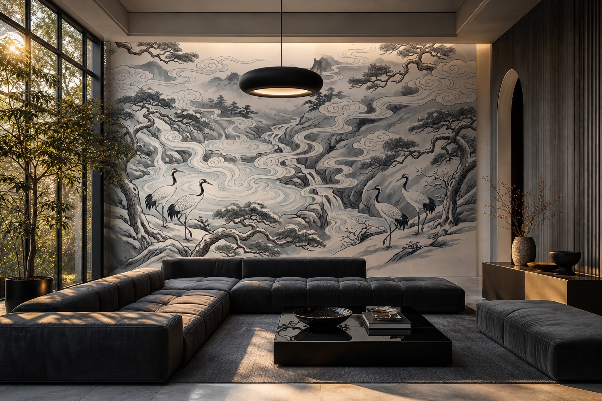 Oriental Landscape Wallpaper Ink Wash Removable Misty Mountains Wall Decor