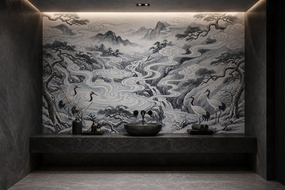Oriental Landscape Wallpaper Ink Wash Removable Misty Mountains Wall Decor