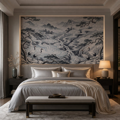 Oriental Landscape Wallpaper Ink Wash Removable Misty Mountains Wall Decor