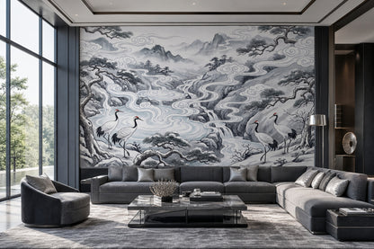Oriental Landscape Wallpaper Ink Wash Removable Misty Mountains Wall Decor