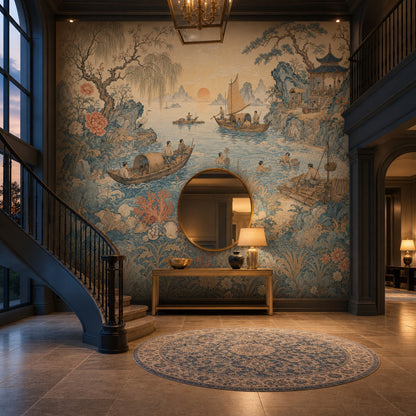 East Asian Landscape Wallpaper Coastal Fishing Scene Blue Water Removable Wall Decor