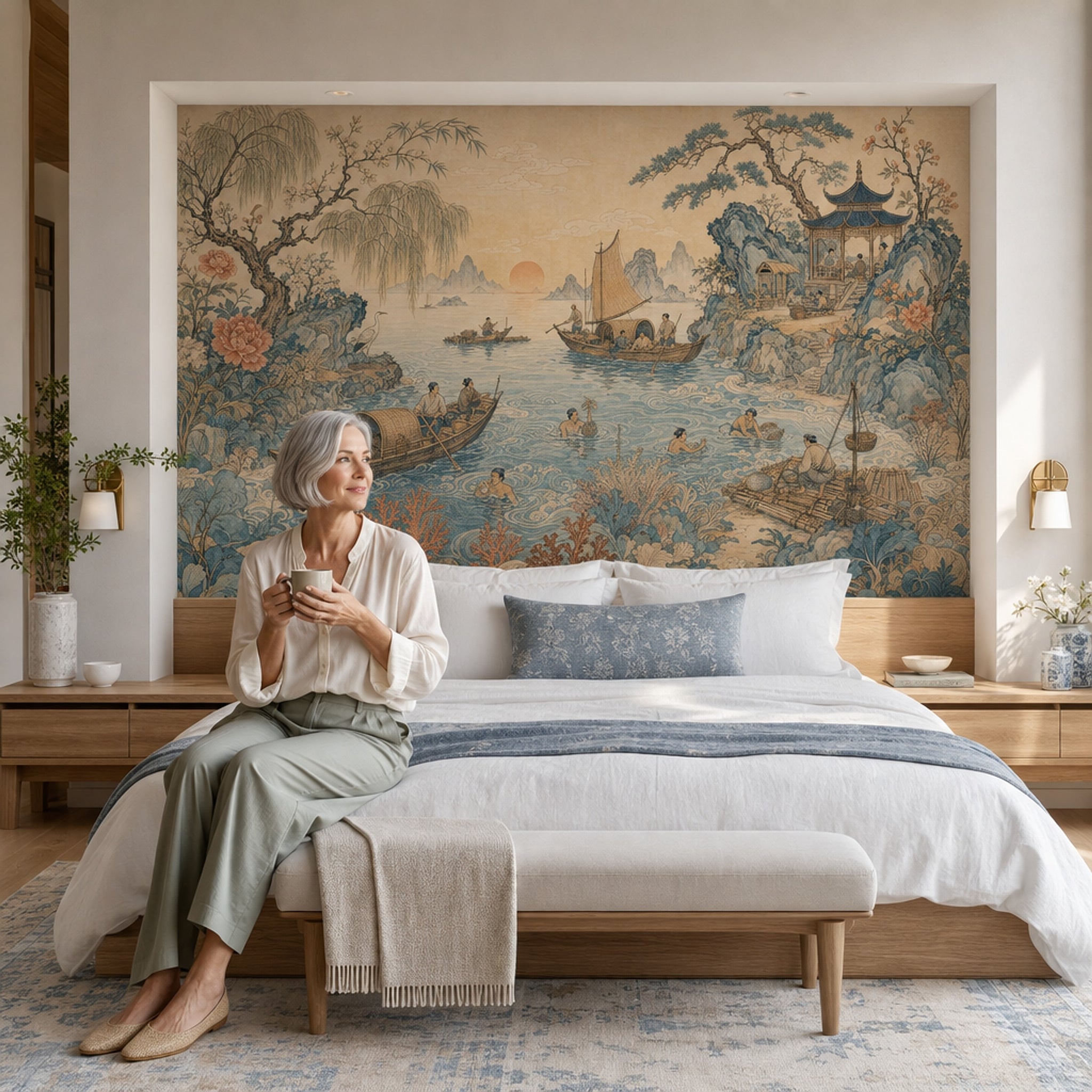 East Asian Landscape Wallpaper Coastal Fishing Scene Blue Water Removable Wall Decor