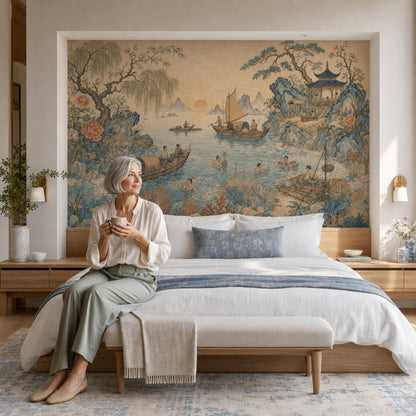 East Asian Landscape Wallpaper Coastal Fishing Scene Blue Water Removable Wall Decor