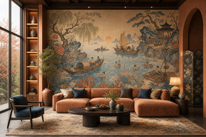 East Asian Landscape Wallpaper Coastal Fishing Scene Blue Water Removable Wall Decor