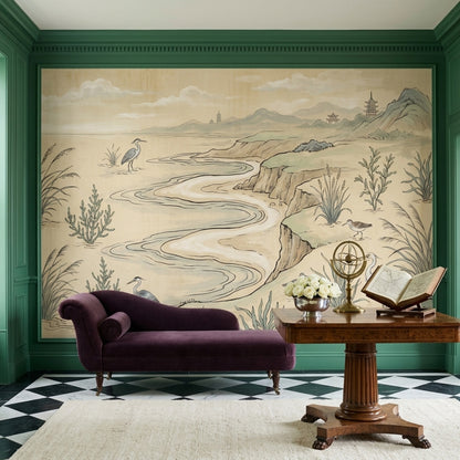 Oriental Landscape Wallpaper Wetlands Winding River Wall Mural