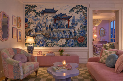 Chinoiserie Wallpaper Blue And White Porcelain Chinese Pavilion Wall Mural