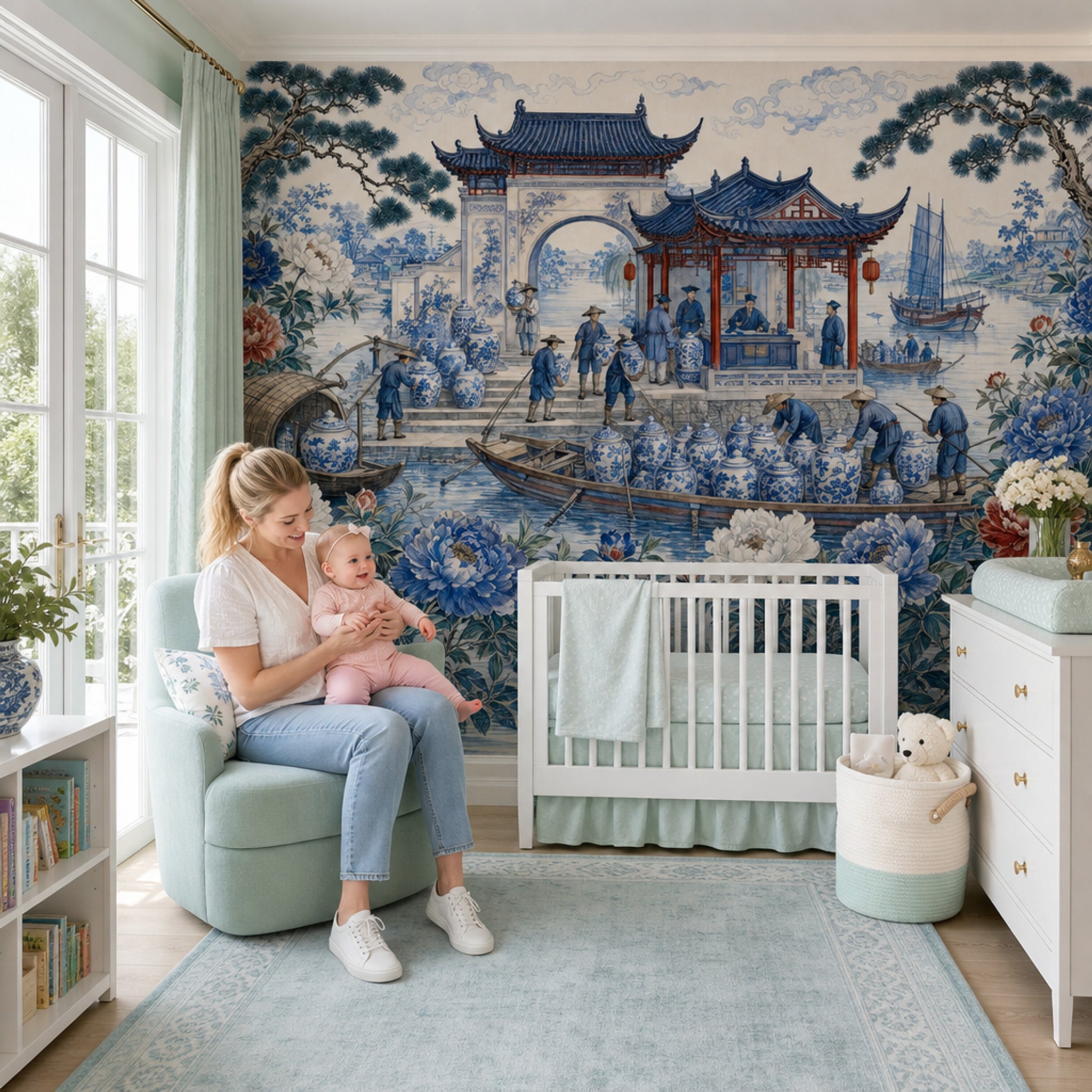 Chinoiserie Wallpaper Blue And White Porcelain Chinese Pavilion Wall Mural