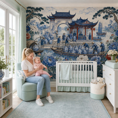 Chinoiserie Wallpaper Blue And White Porcelain Chinese Pavilion Wall Mural