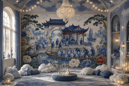 Chinoiserie Wallpaper Blue And White Porcelain Chinese Pavilion Wall Mural
