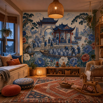 Chinoiserie Wallpaper Blue And White Porcelain Chinese Pavilion Wall Mural