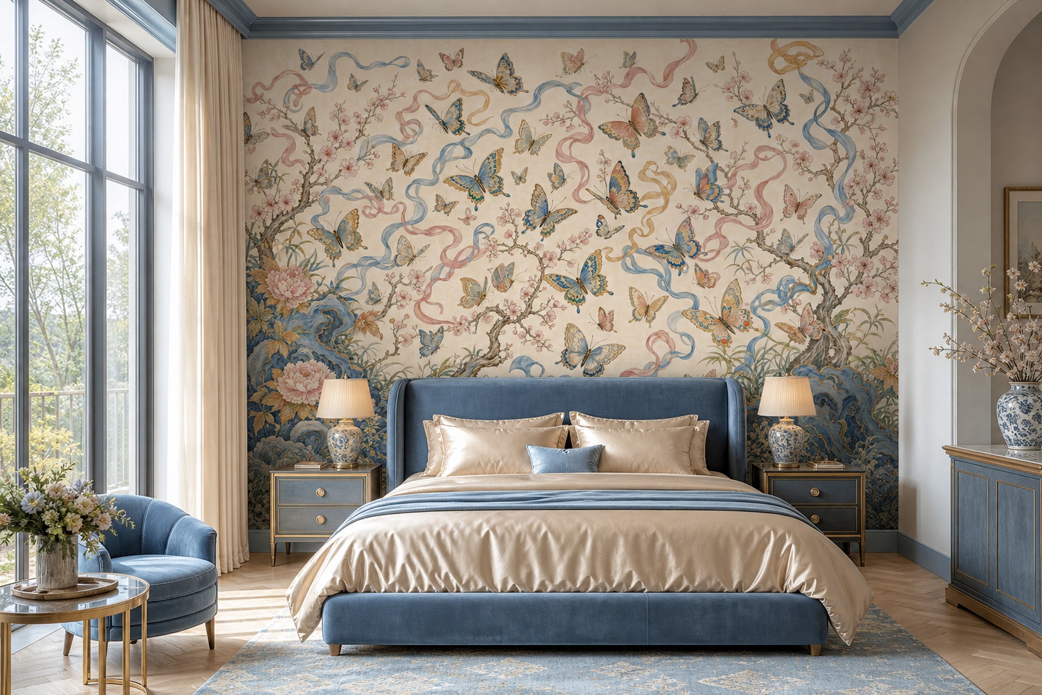 Butterflies Wallpaper Cherry Blossoms Ribbons Removable Wall Decor