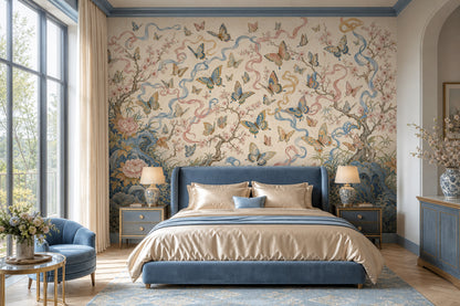 Butterflies Wallpaper Cherry Blossoms Ribbons Removable Wall Decor