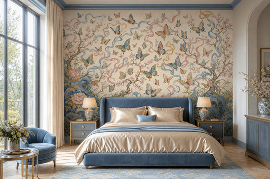 Butterflies Wallpaper Cherry Blossoms Ribbons Removable Wall Decor