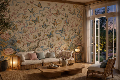Butterflies Wallpaper Cherry Blossoms Ribbons Removable Wall Decor