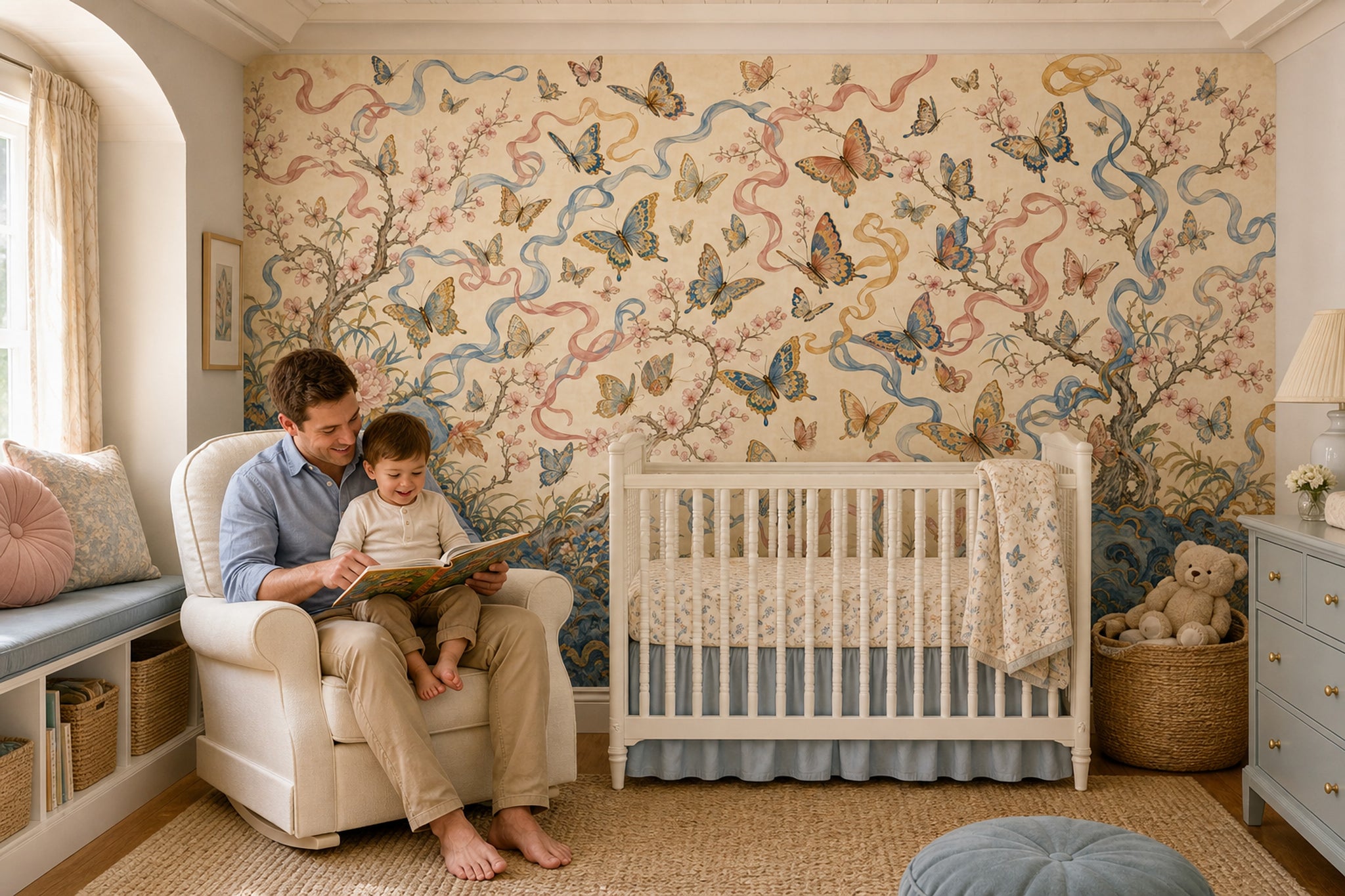 Butterflies Wallpaper Cherry Blossoms Ribbons Removable Wall Decor