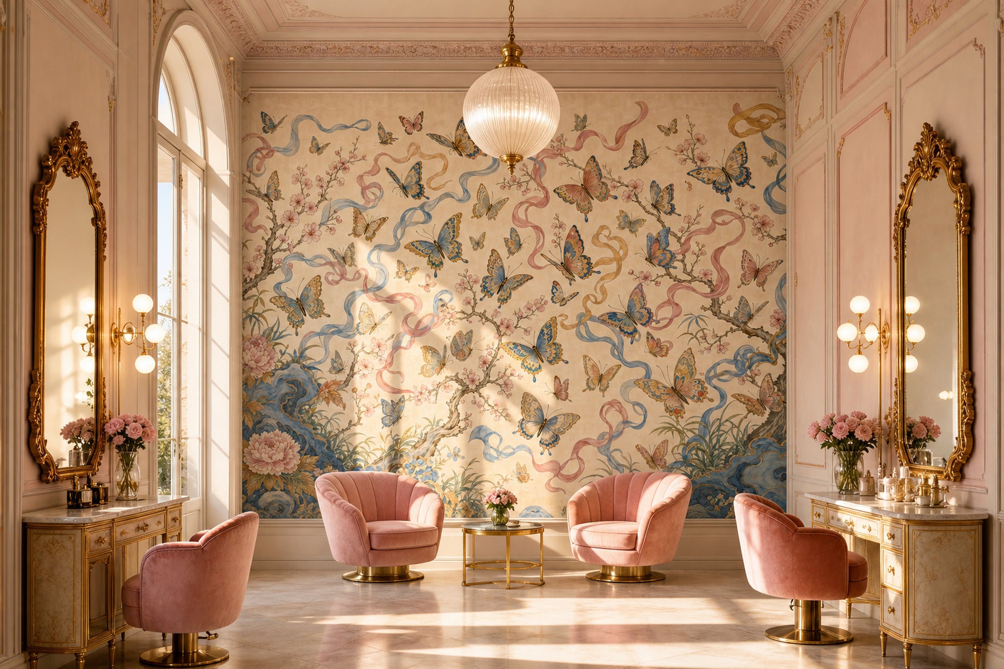 Butterflies Wallpaper Cherry Blossoms Ribbons Removable Wall Decor