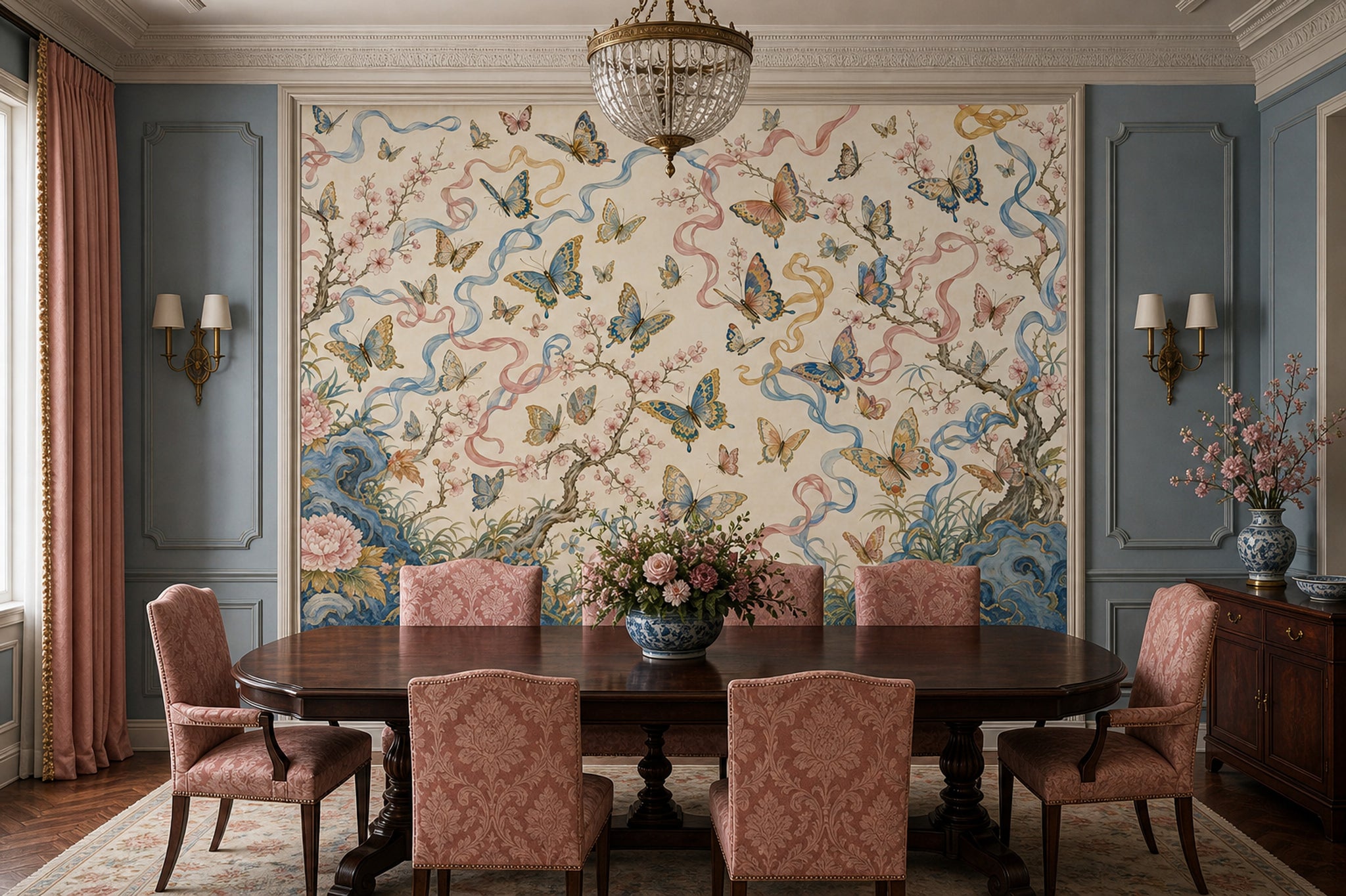 Butterflies Wallpaper Cherry Blossoms Ribbons Removable Wall Decor